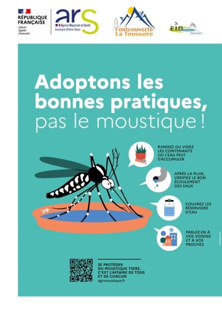 Adoptons les bonnes pratiques, pas le moustique ! Rangez ou videz les contenants où l'eau peut s'accumuler Après la pluie, vérifiez le bon écoulement des eaux Couvrez les réservoirs d'eau Parlez-en à vos voisins et à vos proches agirmoustique.fr